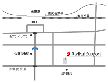 佐野駅からラディカルサポートまでの経路図